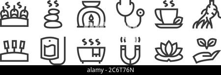 12 set of linear alternative medicine icons. thin outline icons such as hand, magnet, iv bag, herbal tea, aromatherapy, hot stones for web, mobile Stock Vector