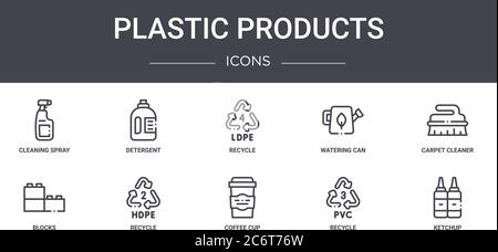 plastic products concept line icons set. contains icons usable for web, logo, ui/ux such as detergent, watering can, blocks, coffee cup, recycle, ketc Stock Vector