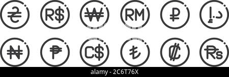 12 set of linear currency icons. thin outline icons such as rupee, turkish lira, cuba, ruble, won, brazilian real for web, mobile Stock Vector