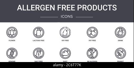 allergen free products concept line icons set. contains icons usable for web, logo, ui/ux such as lactose free, fat free, genome, dust, no alcohol, pe Stock Vector