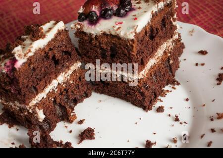 The last two pieces of chocolate sponge cake with cream on a white plate is decorated with multicolored topping with crumbs on a plate  close up Stock Photo