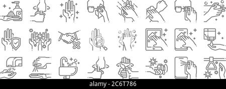 wash hands icon pack line icons. linear set. quality vector line set such as , washing hand, hand dryer, smartphone, shaking hands, hand washing, Stock Vector