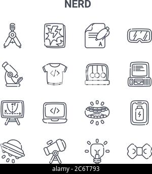 set of 16 nerd concept vector line icons. 64x64 thin stroke icons such as comic book, microscope, old computer, brackets, telescope, bow, idea, newton Stock Vector