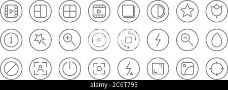 camera line icons. linear set. quality vector line set such as target, full screen, camera, block, zoom out, zoom in, effect, page, grid Stock Vector