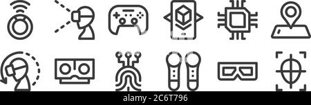 12 set of linear virtual reality icons. thin outline icons such as shoot, vr, stereoscope, microchip, gamepad, virtual reality glasses for web, mobile Stock Vector