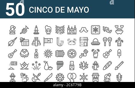 set of 50 cinco de mayo icons. outline thin line icons such as corn, mexican, salt and pepper, jarana, toloche, trumpet, lime Stock Vector
