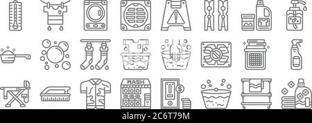 laundry line icons. linear set. quality vector line set such as softener, wash, laundry service, ironing board, laundry, socks, liquid soap, wet floor Stock Vector