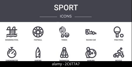 sport concept line icons set. contains icons usable for web, logo, ui/ux such as football, racing car, chronometer, badminton, bowling, bicycle, ping Stock Vector