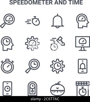 set of 16 speedometer and time concept vector line icons. 64x64 thin stroke icons such as stopwatch, time management, speedometer, time management, cl Stock Vector