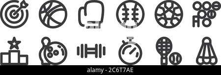 12 set of linear sport icons. thin outline icons such as badminton, chronometer, bowling, football, boxing, basketball for web, mobile Stock Vector