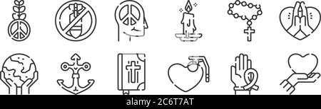 12 set of linear hope icons. thin outline icons such as love, grenade, anchor, rosary, peace, no war for web, mobile Stock Vector