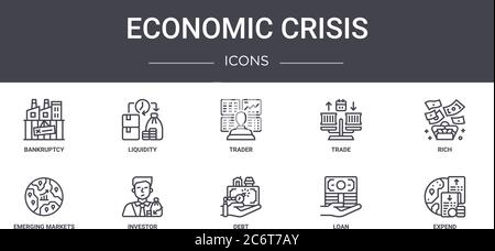 economic crisis concept line icons set. contains icons usable for web, logo, ui/ux such as liquidity, trade, emerging markets, debt, loan, expend, ric Stock Vector