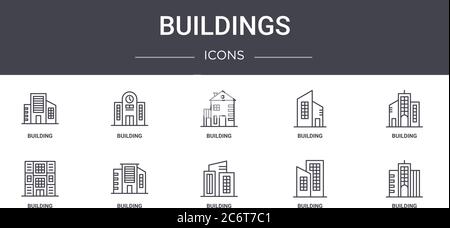 City buildings linear icons set. Skyscrapers, urban street with various ...