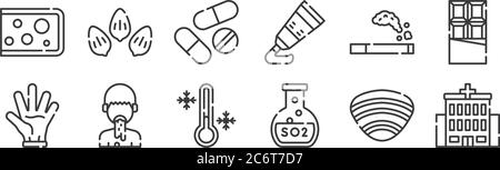12 set of linear allergies icons. thin outline icons such as hospital, sulfite, puke, cigarette, pills, sesame for web, mobile Stock Vector