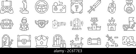 videogame line icons. linear set. quality vector line set such as game console, handheld console, locked door, game over, tower, diamond, money bag, m Stock Vector