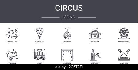 circus concept line icons set. contains icons usable for web, logo, ui/ux such as ice cream, circus tent, cannon, curtain, strenght, spotlight, ferris Stock Vector