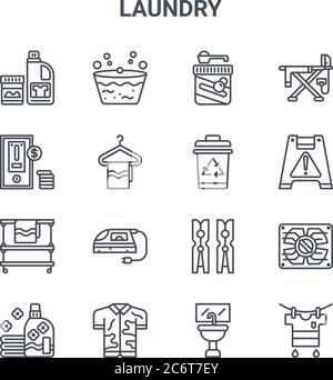 set of 16 laundry concept vector line icons. 64x64 thin stroke icons such as wash, washing machine, wet floor, clothes pin, dirty shirt, drying, wash Stock Vector