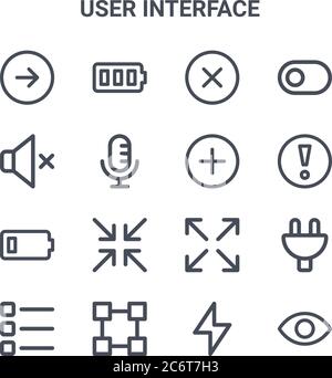 set of 16 user interface concept vector line icons. 64x64 thin stroke icons such as battery full, silent, exclamation, maximize, transform, show, bolt Stock Vector