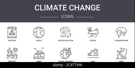 climate change concept line icons set. contains icons usable for web, logo, ui/ux such as earth, petrol, drought, global warming, dead, wind, thunders Stock Vector