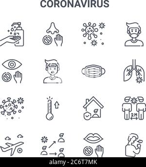 set of 16 coronavirus concept vector line icons. 64x64 thin stroke icons such as avoid, avoid, pneumonia, stayhome, infection, , avoid, medical mask, Stock Vector
