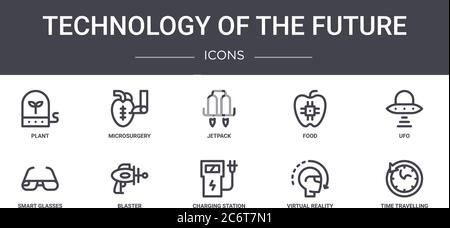 technology of the future concept line icons set. contains icons usable for web, logo, ui/ux such as microsurgery, food, smart glasses, charging statio Stock Vector