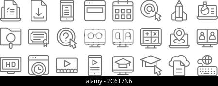 online learning line icons. linear set. quality vector line set such as keyboard, graduation, smartphone, high definition, location, question, chemist Stock Vector