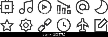 12 set of linear user interface icons. thin outline icons such as edit, clock, brightness, email, play, melody for web, mobile Stock Vector