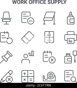 set of 16 work office supply concept vector line icons. 64x64 thin stroke icons such as remove, reload, printer, delete, keys, search, tape dispenser, Stock Vector