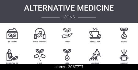 alternative medicine concept line icons set. contains icons usable for web, logo, ui/ux such as music therapy, herbal tea, essential oil, herb, ginsen Stock Vector