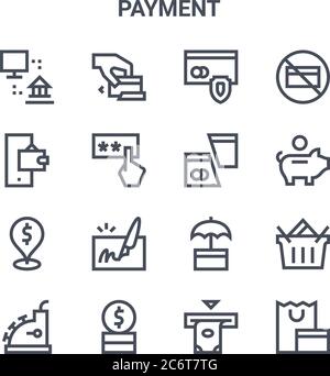set of 16 payment concept vector line icons. 64x64 thin stroke icons such as cit card, mobile banking, piggy bank, protection, coin, shopping, atm, cu Stock Vector
