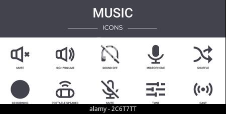 music concept line icons set. contains icons usable for web, logo, ui/ux such as high volume, microphone, cd burning, mute, tune, cast, shuffle, sound Stock Vector