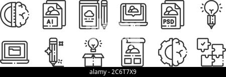 12 set of linear design thinking icons. thin outline icons such as puzzle, artwork, pencil, files, book, ai for web, mobile Stock Vector