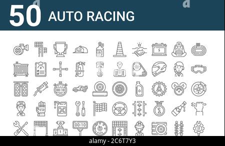 set of 50 auto racing icons. outline thin line icons such as engineering, tools, mechanic, traffic light, air filter, finish flag, wheel Stock Vector