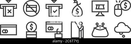 12 set of linear payment icons. thin outline icons such as cloud, atm, coin, online payment, cit card, no cit card for web, mobile Stock Vector