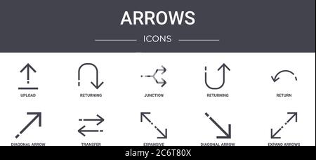 arrows concept line icons set. contains icons usable for web, logo, ui/ux such as returning, returning, diagonal arrow, expansive, diagonal arrow, exp Stock Vector