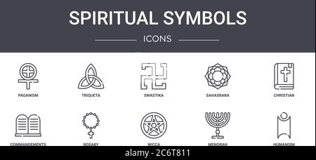 spiritual symbols concept line icons set. contains icons usable for web, logo, ui/ux such as triqueta, sahasrara, commandements, wicca, menorah, human Stock Vector