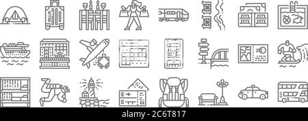 travel line icons. linear set. quality vector line set such as bus, park, airplane ticket, hostel, postcard, airplane, swimming pool, train, luggage Stock Vector