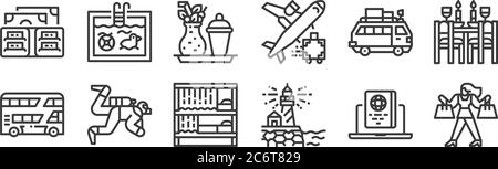 12 set of linear travel icons. thin outline icons such as shopping, lighthouse, diving, van, cocktail, swimming pool for web, mobile Stock Vector