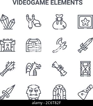 set of 16 videogame elements concept vector line icons. 64x64 thin stroke icons such as catapult, castle, sword, scroll, enemy, flask, door, axe, star Stock Vector