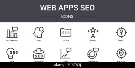 web apps seo concept line icons set. contains icons usable for web, logo, ui/ux such as head, rating, idea, chat, chat bubble, location, target, folde Stock Vector