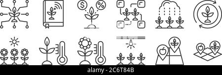 12 set of linear smart farm icons. thin outline icons such as land, lighting, thermometer, rain, plant, book for web, mobile Stock Vector