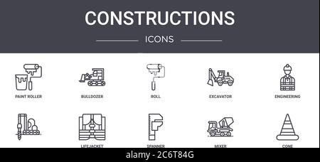 constructions concept line icons set. contains icons usable for web, logo, ui/ux such as bulldozer, excavator, , spanner, mixer, cone, engineering, ro Stock Vector