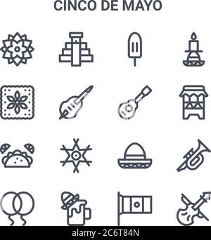 set of 16 cinco de mayo concept vector line icons. 64x64 thin stroke icons such as chichen itza pyramid, flower, huehuetl, mexican hat, beer, violin, Stock Vector