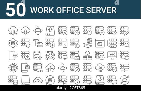 set of 50 work office server icons. outline thin line icons such as synchronize, picture, internet, server, settings, data transfer, firewall Stock Vector