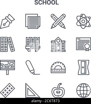set of 16 school concept vector line icons. 64x64 thin stroke icons such as notes, document, degree, protractor, ruler, internet, apple, school, scien Stock Vector
