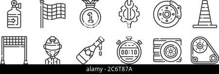 12 set of linear auto racing icons. thin outline icons such as timing belt, stopwatch, driver, brakes, gold medal, finish flag for web, mobile Stock Vector