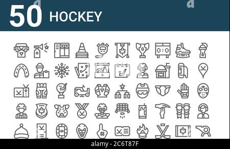 set of 50 hockey icons. outline thin line icons such as whistle, beanie, referee, hockey sticks, mouth guard, horn, schedule, mapple leaf, trophy, hoc Stock Vector