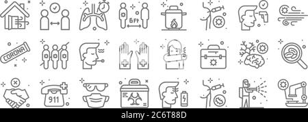 coronavirus line icons. linear set. quality vector line set such as study, antibiotic, transport, no handshake, brain, fever, air transmission, boil, Stock Vector