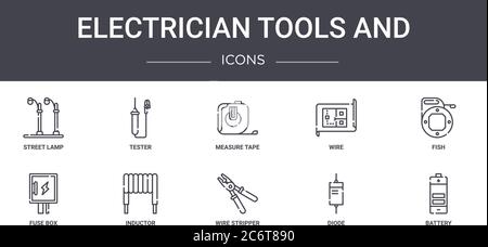 electrician tools and concept line icons set. contains icons usable for web, logo, ui/ux such as tester, wire, fuse box, wire stripper, diode, battery Stock Vector