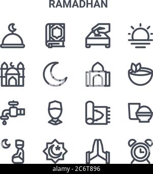 set of 16 ramadhan concept vector line icons. 64x64 thin stroke icons such as quran, mosque, tea, sajadah, rub el hizb, alarm, hand gesture, mosque, s Stock Vector